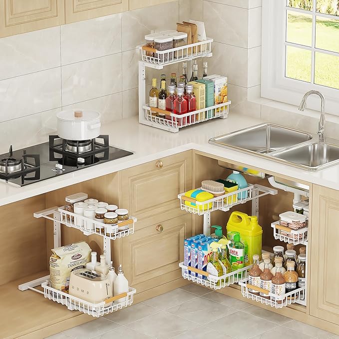 2-Tier Slide Out Under Sink Organizer – 2-Tier Pull-Out Storage Rack, Bathroom organizers and storage for Kitchen and Bathroom, Space-Saving Cabinet Organizer, Rustproof,（White)(2 Pack)-NeatNest