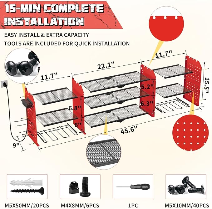 45" Large Power Tool Organizer Wall Mount with Charging Station - 3 Layer Storage Racks with 8 Cordless Drill Holder, 4 Hooks, Heavy Duty Garage Tool Organizer Storage for Workshop Pegboard Basement