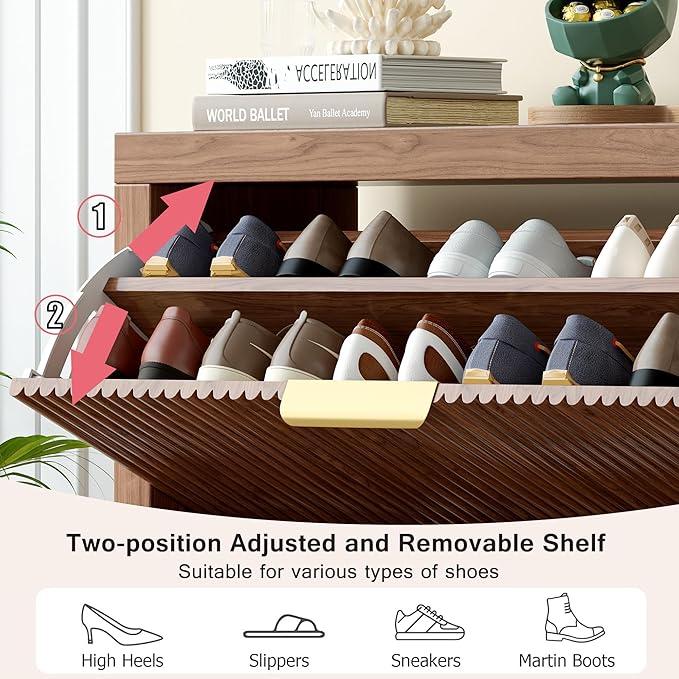 Modern 2-Tier Flip Drawer Shoe Cabinet, Freestanding Hidden Slim Narrow Shoe Rack Cabinet, Wooden Large Capacity Shoe Storage Cabinet Shoe Organizer, for Entryway, Hallway, Walnut-NeatNest