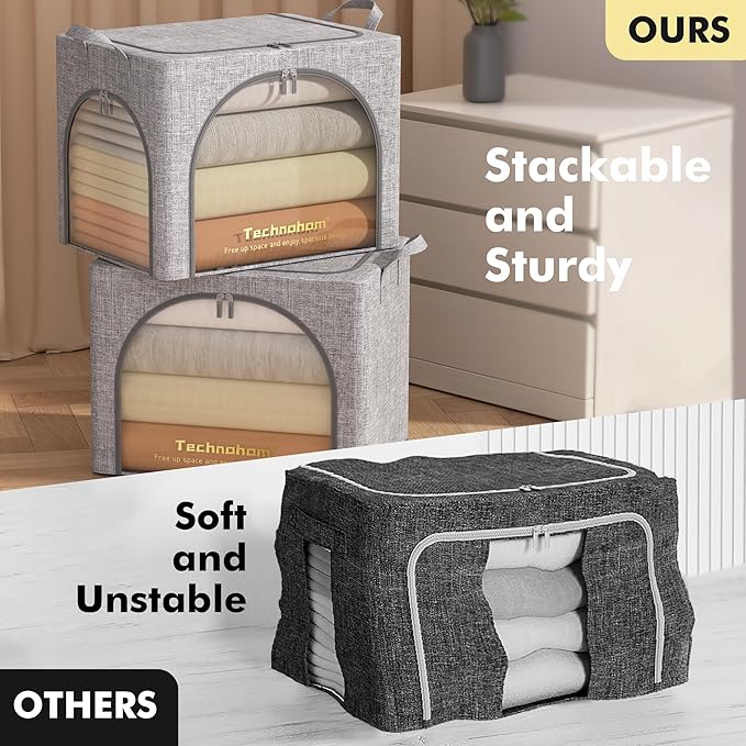 Clothes Storage Bins with Lids, 3 Pack Foldable Fabric Storage Bins with Metal Frame, Linen Closet Organizers and Storage Box With Clear Window and Carrying Handles-NeatNest