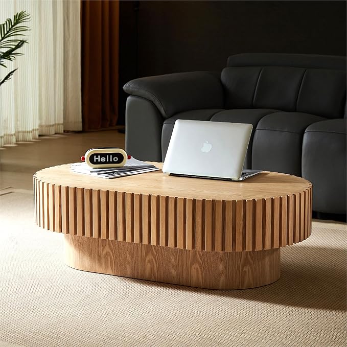 KEVINSPACE Oval Coffee Table 43.7" Wood CoffeeTable for Living Room Drum ModernCoffeeTable TeaTable Wooden Coffee Tables PedestalCoffeeTable Home Furniture Office Apartment Wood