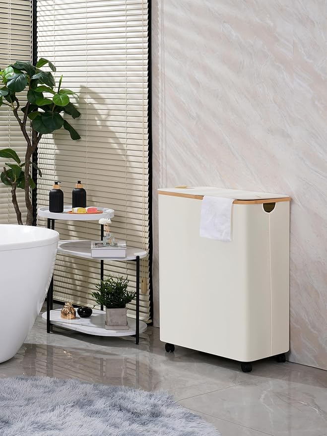 efluky Double Laundry Hamper with Wheels, Divided Laundry Hamper with Removable Bags, 2 Section Dirty Clothes Basket with Handles for Bathroom, Bedroom & Laundry Room, 160L Beige-NeatNest