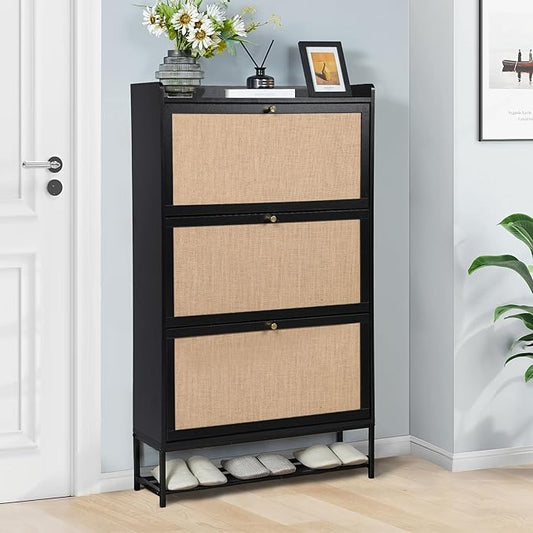 LEVNARY Shoe Storage Cabinet with 3 Flip Drawers, Freestanding Shoe Cabinet Storage Organizer for Entryway, Wooden Narrow Shoe Racks Cabinet with Metal Legs for Hallway (Black)-NeatNest