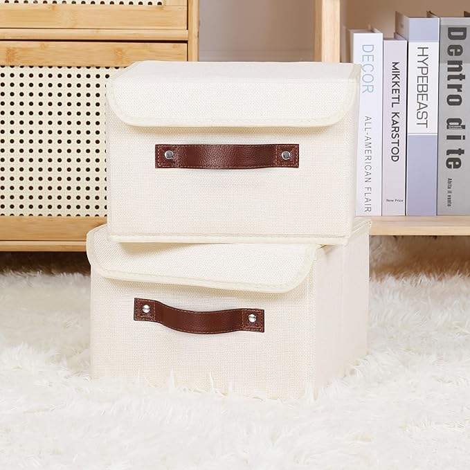 ANMINY 2PCS Storage Bins with Lid PU Leather Handles Storage Boxes PP Plastic Board Decorative Foldable Lidded Cotton Linen Fabric Home Cubes Baskets Closet Organizer Containers - Beige, Small Size-NeatNest