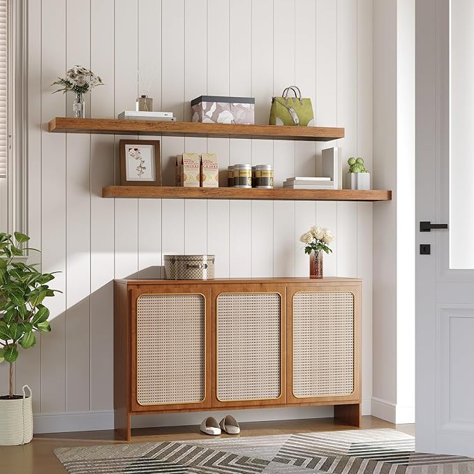 HOOBRO Floating Shelves for Wall, Wall Mounted Shelf Set of 2, 55" Hanging Shelf with Invisible Brackets, for Wall in Bathroom, Bedroom, Toilet, Kitchen, Living Room, Office, Rustic Brown BF140BJP201-NeatNest