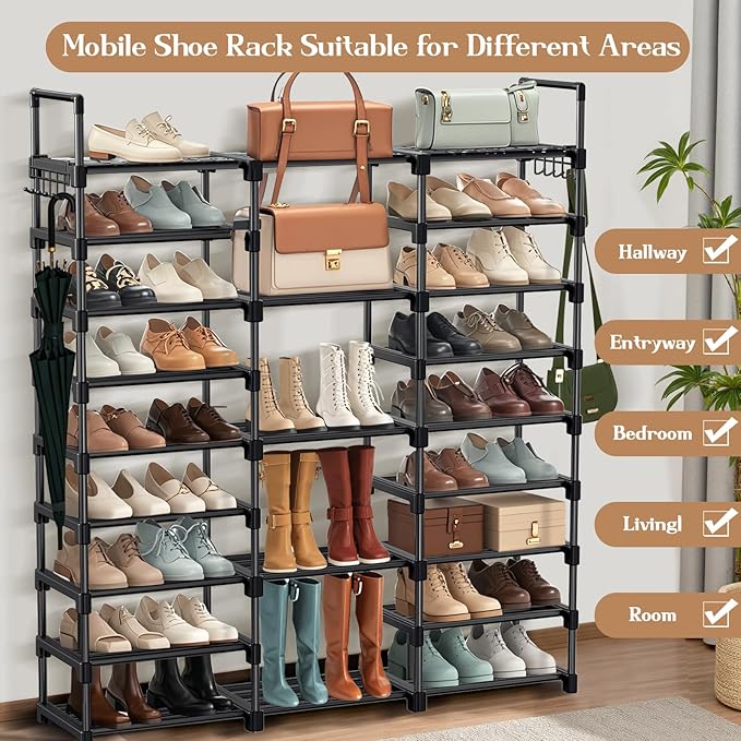 Shoe Rack Storage Shelf Stand Cabinet, 9 Tier Shoe Organizer for Closet Entryway Holds 50-55 Pairs Stackable Space Saving Storage Freestanding Shelf with Hooks-NeatNest