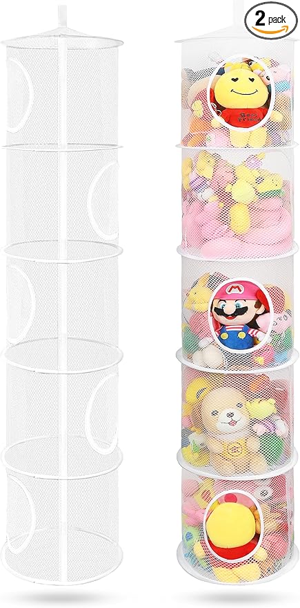 2Pcs Hanging Mesh Space Saver Bags Organizer, Foldable Stuffed Animal Storage Organizer 5 Compartments Toy Storage Organizer for Kid Room Toys, Gloves,Hats,Socks Storage, White-NeatNest