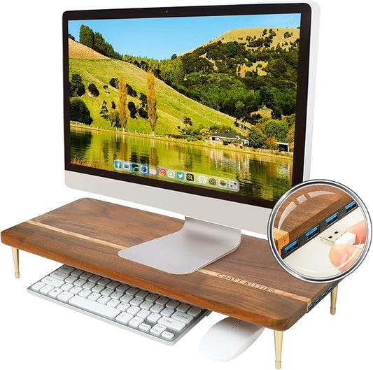 Monitor Stand Wood Riser with 4 USB Ports, Computer Monitor Stand with America Walnut Data Transfer Charging Hub -Compatible with Computer, Mac, PCs, Smartphone, 20.5*8.3in