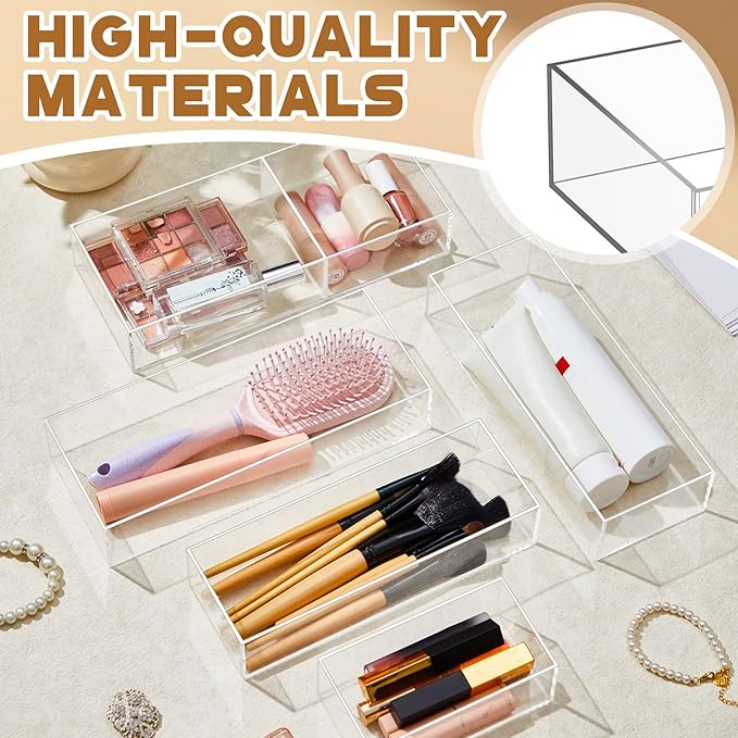 5 Pack Acrylic Desk Drawer Organizer, Makeup Drawer Organizer Trays, Storage Bins for Makeup, Jewelry, Gadgets for Kitchen, Bedroom, Bathroom, Office