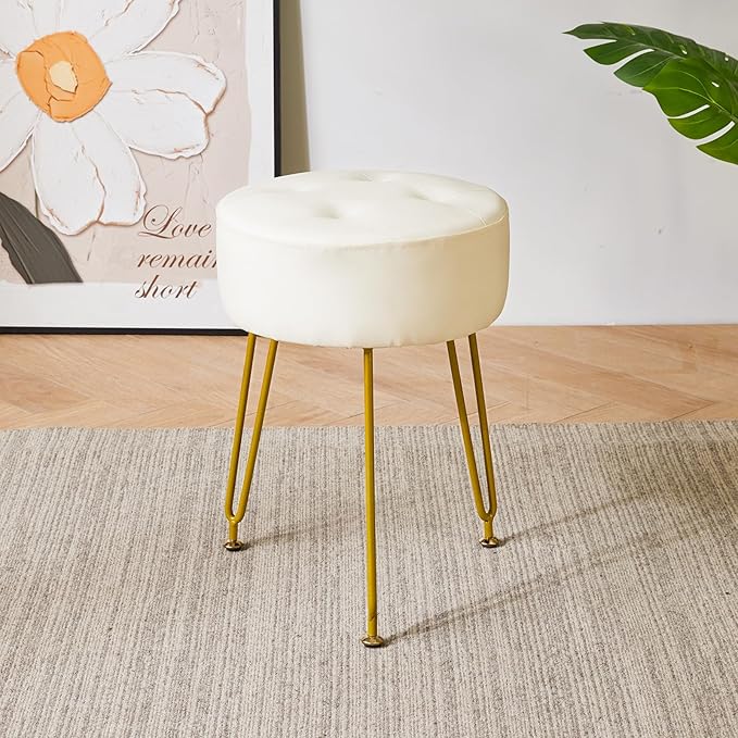 IBUYKE Faux Leather Round Footrest Stool, Makeup Vanity Stool Side Table, PU Dressing Table Seat, Pouf Couch Stool, Golden Steel Legs, White LG-31W