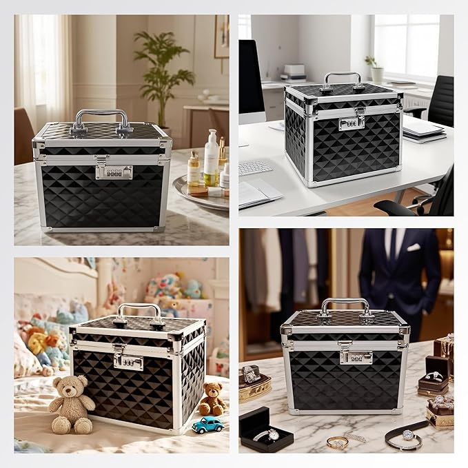Medication Combination Lock Boxes with Code for Personal Items, Medicine Lockbox for Documents 10 x 7.25 x 7.75 Inches Plaid Black