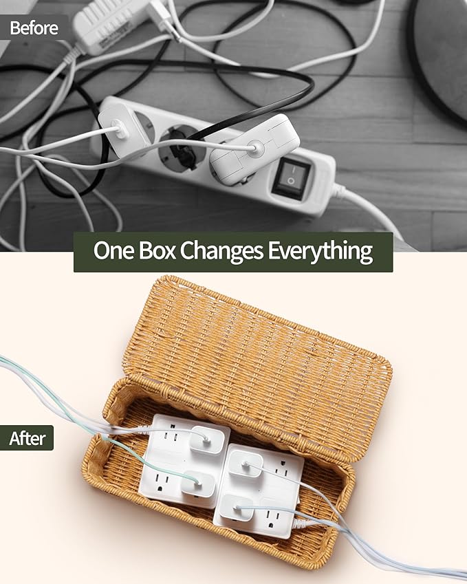 YECAYE Handwoven Rattan Style Cable Management Box, Decorative Storage Cord Organizer Box for Power Strips & Cords, Cord Hider for Home, Kids & Pet Safety, DIY-Friendly Cord Management