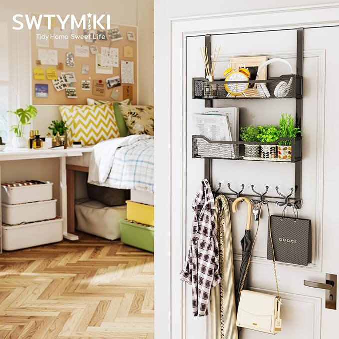 SWTYMIKI Over The Door Hooks Organizer - Multi-Functional Door Hanger with 16 Hooks & 2 Mesh Baskets, Long Coat Rack for Bathroom, Bedroom, Living Room, Home Storage Organizer, Black