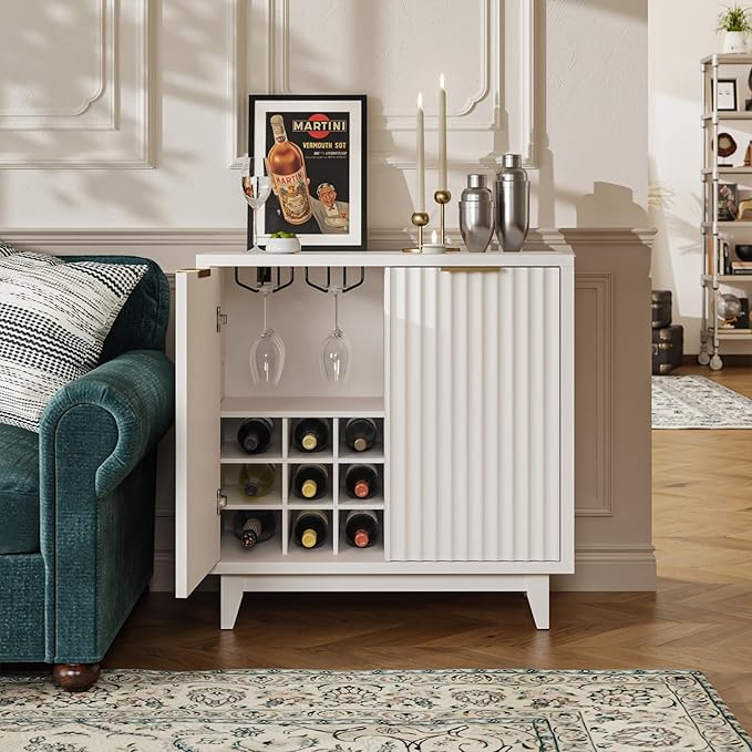 Fluted Coffee Bar Cabinet with Storage, Modern Sideboard Buffet Cabinet with Removable Wine Rack, Drawer, Adjustable Shelf, White Liquor Cabinets for Living Room, Dining Room, Kitchen, Entryway