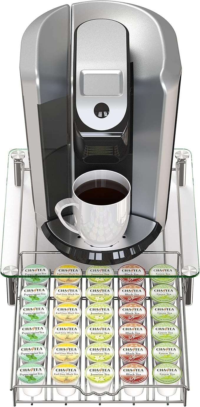 Deco Brothers Crystal Tempered Glass K-Cup Holder Drawer for 30 Coffee Pods Storage, Chrome-NeatNest