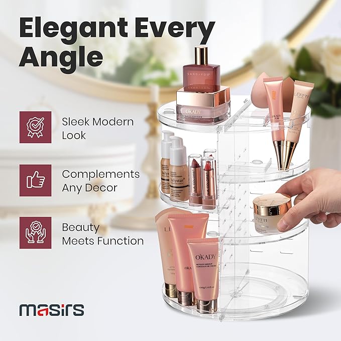 Masirs 360 Rotating Makeup Organizer - Adjustable Shelf Height and Fully Rotatable - The Perfect Round Spinning Cosmetic Organizer for Bedroom Dresser or Vanity Countertop Storage (Clear)-NeatNest