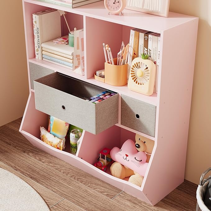 IDEALHOUSE 7-Cubby Large Kids Toy Storage Organizer, Children Wood Bookcase and Bookshelf, 3-Tier Toy Storage Cabinet with 3 Drawers for Hallway, Playroom, Living Room, School,Pink