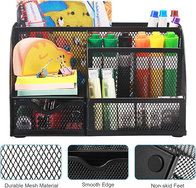 Comix Mesh Pen Pencil Holder Desk Organizer, 7 Compartment Wire Desktop Pen Pencil Cup Caddy Office Supplies for Home Office School, Black-NeatNest