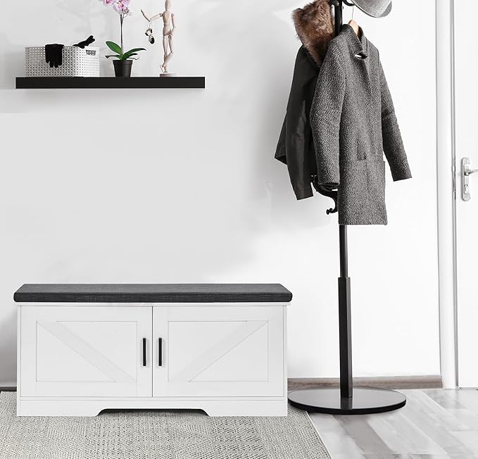 2-Tier Storage Bench, Shoe Bench with Padded Seat Cushion, Entryway Bench with 2 Barn Doors, Adjustable Shelf, 13.8" D x 39.4" W x 17.7" H, for Entryway, Living Room, Bedroom, White-NeatNest