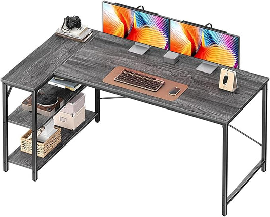 Huuger L Shaped Desk, 55 Inches Computer Desk with Reversible Storage Shelves, for Gaming Corner Home Office Writing Study, Metal Frame, Gray-NeatNest