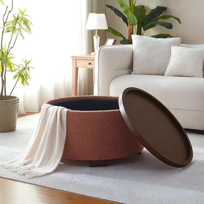 30 Inch Round Storage Ottoman Coffee Table, Modern Boucle Ottoman with Lift-Off Lid and Solid Wood Legs for Living Room, Bedroom, Corners, Apartments (Orange)