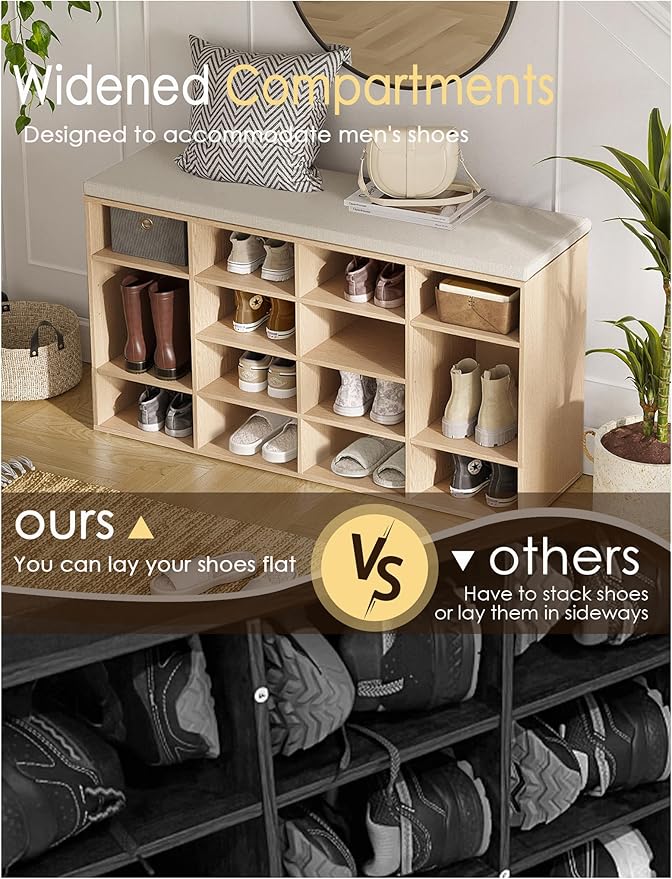 DINZI LVJ Shoe Storage Bench with Cushion, 16-Cubby Shoe Rack, Adjustable Shelves, 40.9" Long Shoe Organizer Bench for Entryway, Mudroom, Hallway, Garage, Natural and Cappuccino Beige-NeatNest