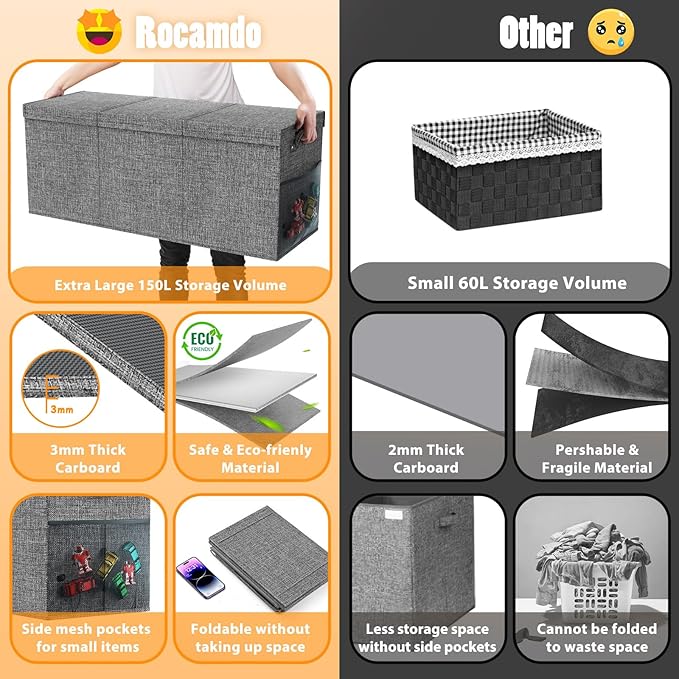 Extra Large Toy Storage Box with Lid Divider, Sturdy Collapsible Toys Organizer Chest Kids Storage Bins Boxes Baskets for Boys, Girls, Nursery, Bedroom, Living Room, Playroom, 40"x14"x16", Gray
