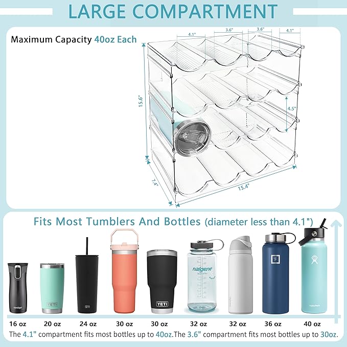 4 Pack Water Bottle Organizer, Large Compartment Stackable Kitchen Pantry Organization and Storage Rack, Plastic Water Bottle Holder for Kitchen Cabinet Organizer and Storage, Tumbler Mug Cup Shelf-NeatNest