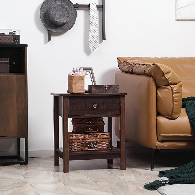 HOMCOM End Table with Drawer, Side Table with Top and Bottom Shelf for Small Spaces, Dark Brown