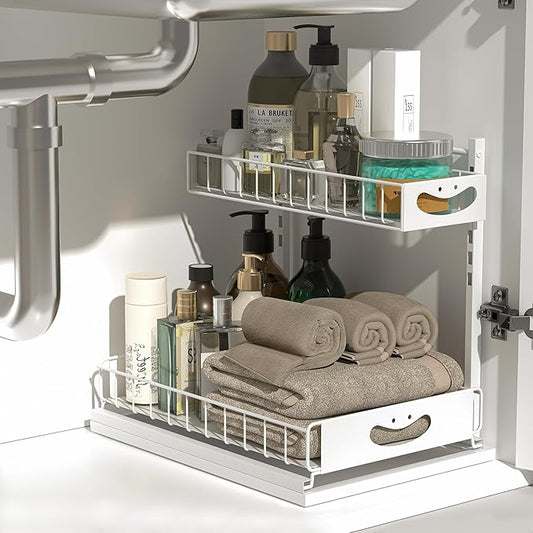 Under Sink Organizer with Pull-Out Drawers,Kitchen Sink Organizer,2 Tier Bathroom Organizers And Storage,Bathroom Accessories Set,White 1 Pack-NeatNest