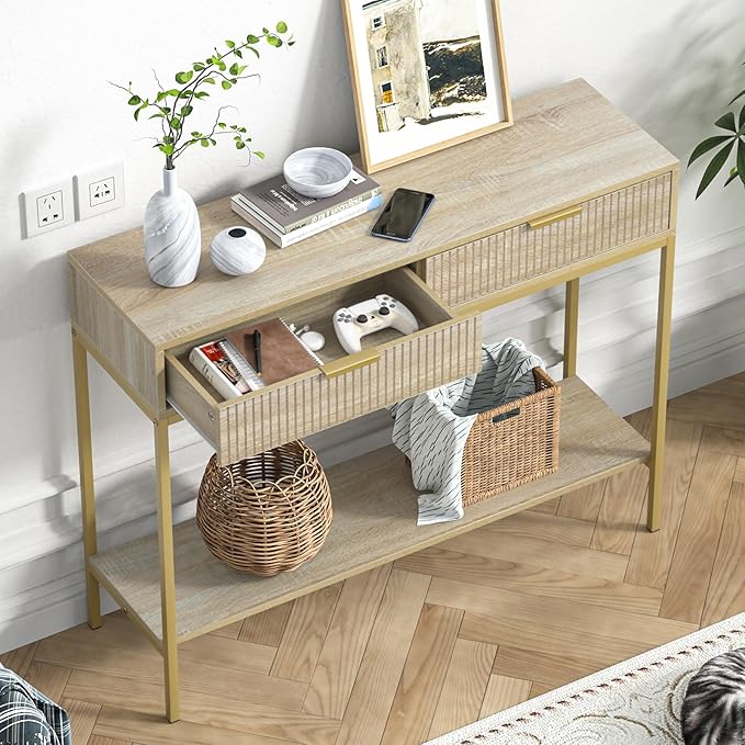 Anmytek Console Table with Storage, Wood Entryway Table with 2 Drawers, Narrow Long Sofa Table Hallway Foyer Table with Storage Shelves Behind Couch Table for Living Room, H0117-NeatNest