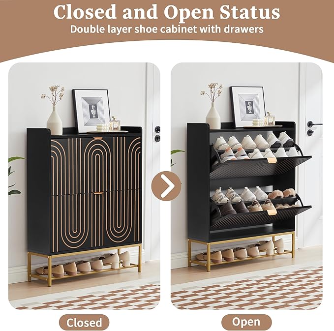 LEVNARY Narrow Shoe Storage Cabinet Set of 2, Mid-Century Modern 2-Tier Wooden Shoe Rack Organizer with Carving Lines, Freestanding Hidden Shoe Cabinet for Entryway Hallway Foyer (2, Black)-NeatNest