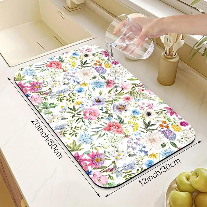 Colorful Flower Dish Drying Mats for Kitchen Counter Absorbent Fast Dry Dish Drainer Rack Mats for Dishes Utensils Pot and Pan, Kitchen Accessories 20"x12"-NeatNest