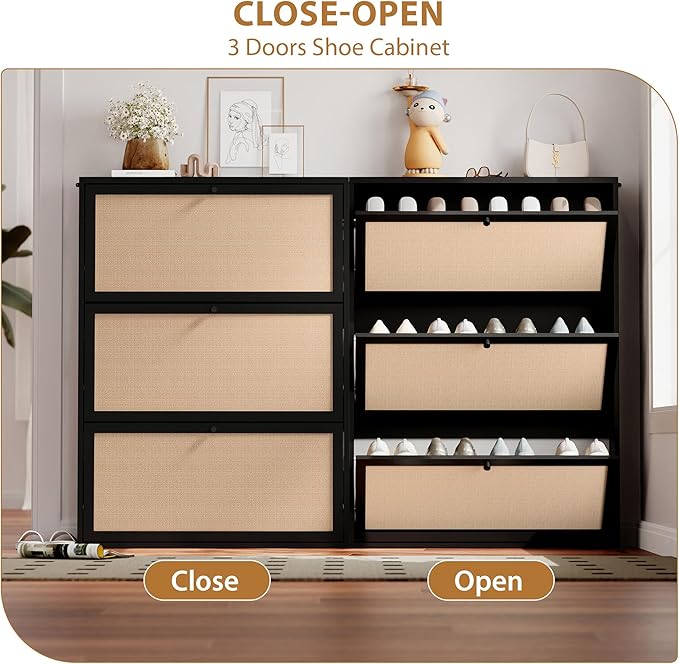 AVZEAR Narrow Shoe Storage Cabinet for Entryway with Natural Linen Panel, Freestanding Slim Shoe Cabinet with 3 Flip Drawers, Wood Shoe Organizer Closed Shoe Rack for Hallway, Living Room(Black)-NeatNest