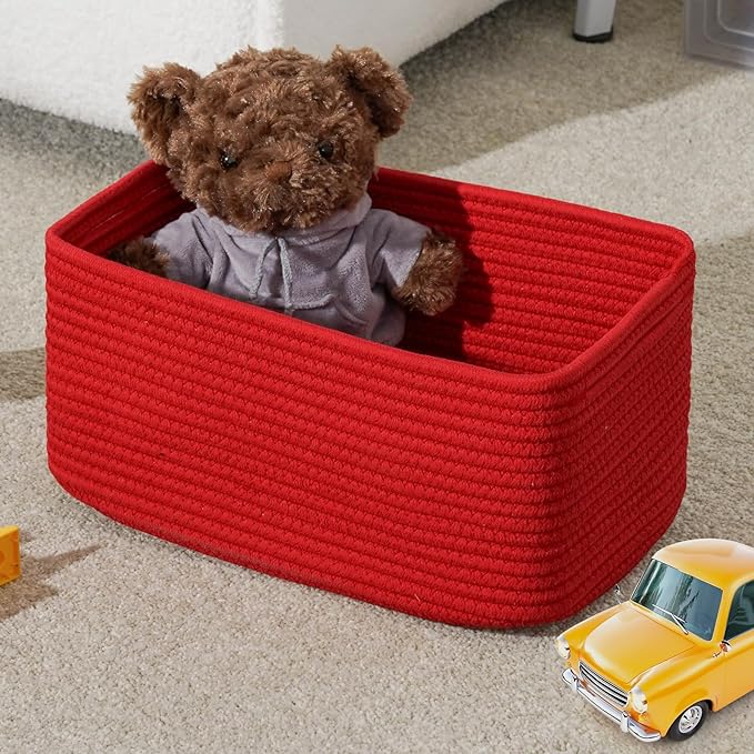 3-Pack Storage Baskets for Organizing | Woven Shelf Toy Basket | Rope Baskets for Gifts Empty | Closet Organizer Bins with Handles | Cube Decorative Box | 13.7×7.1×6.7” | Red-NeatNest