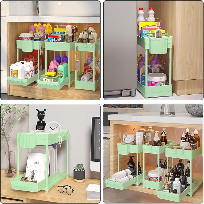 3 Pack Under Sink Organizers, 2-Tier Multi-Use Kitchen and Bathroom Organizers and Storage with Sliding Drawers，Bathroom Cabinet Organizer (Green, 12.8 Inch)-NeatNest