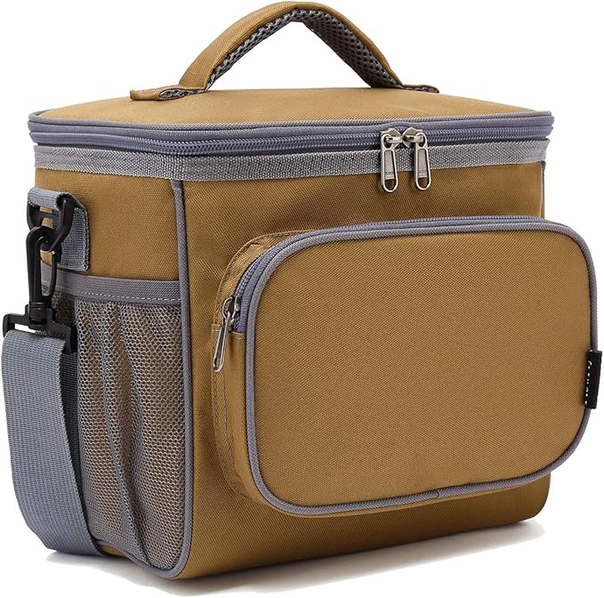 FlowFly Insulated Reusable Lunch Bag Adult Large Lunch Box for Women and Men with Adjustable Shoulder Strap,Front Zipper Pocket and Dual Large Mesh Side Pockets,Brown-NeatNest