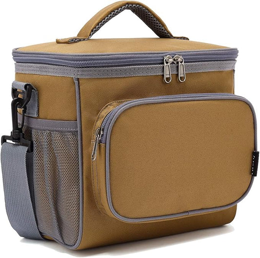FlowFly Insulated Reusable Lunch Bag Adult Large Lunch Box for Women and Men with Adjustable Shoulder Strap,Front Zipper Pocket and Dual Large Mesh Side Pockets,Brown-NeatNest