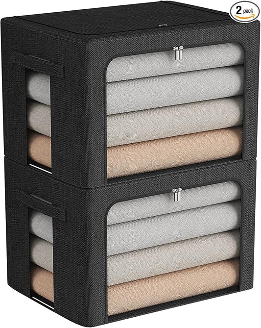 2 Pack Clothes Storage Bins Foldable Metal Frame Storage Box Large Capacity Linen Fabric Organizer Set with Carrying Handles and Clear Window (Black, 19.7x 15.7x 12.6 Inch)-NeatNest