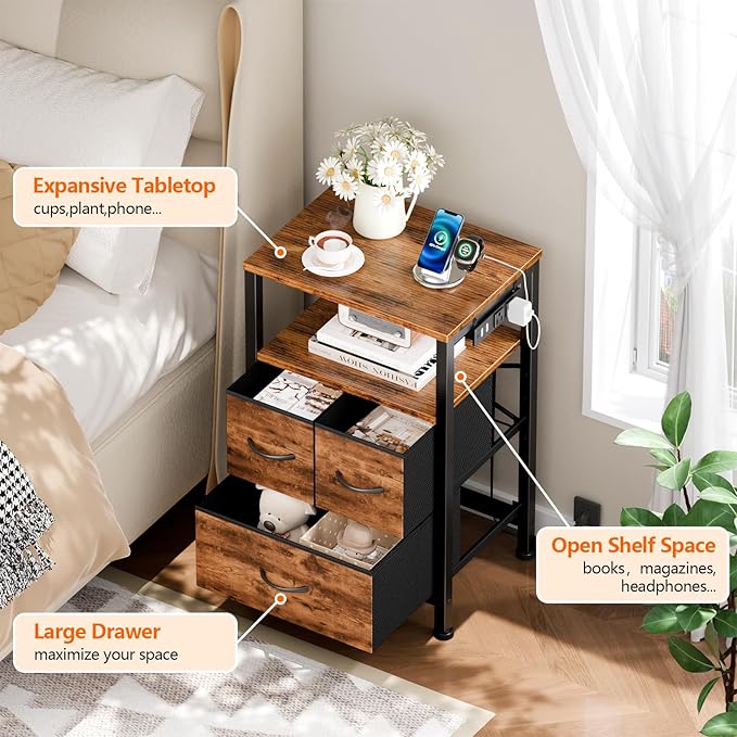 Furnulem Led Nightstand with Charging Station, Bedside Table with 3 Fabric Drawers and Storage Shelf, End Table with USB Ports and Outlets, Small Night Stand for Bedroom, Rustic Brown