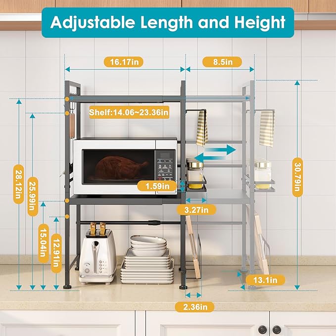 DOLALIKE Microwave Oven Rack, Expandable Microwave Stand Countertop Kitchen Utensils Tableware Storage, Carbon Steel Over Microwave Shelf Countertop with 6 Hooks-NeatNest