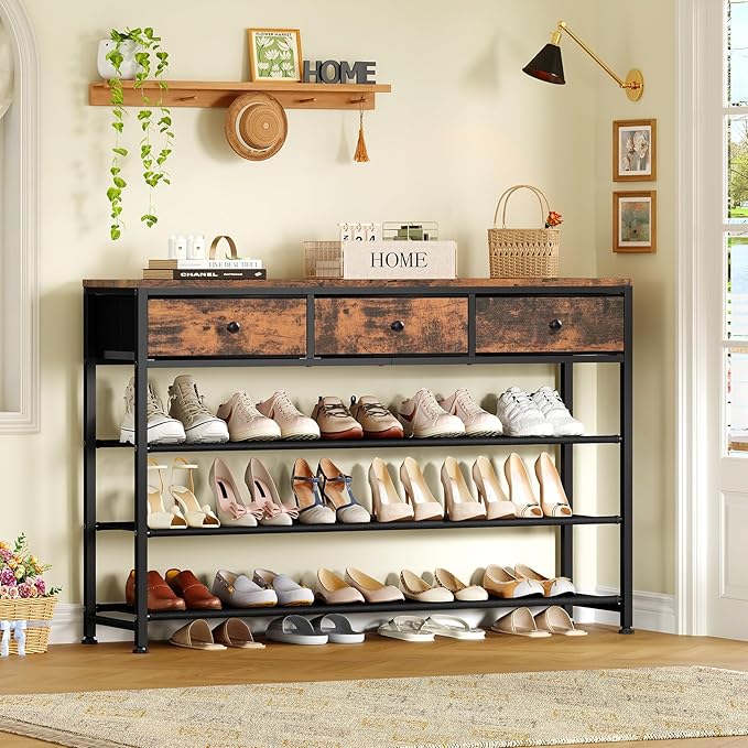 usikey 4 Tier Shoe Rack with 3 Drawers & 3 Fabric Shelves, Holds 15-18 Pairs, Metal Shoe Storage with Wood Top, Shoe Organizer for Entryway, Closet, Apartment, Rustic Brown-NeatNest
