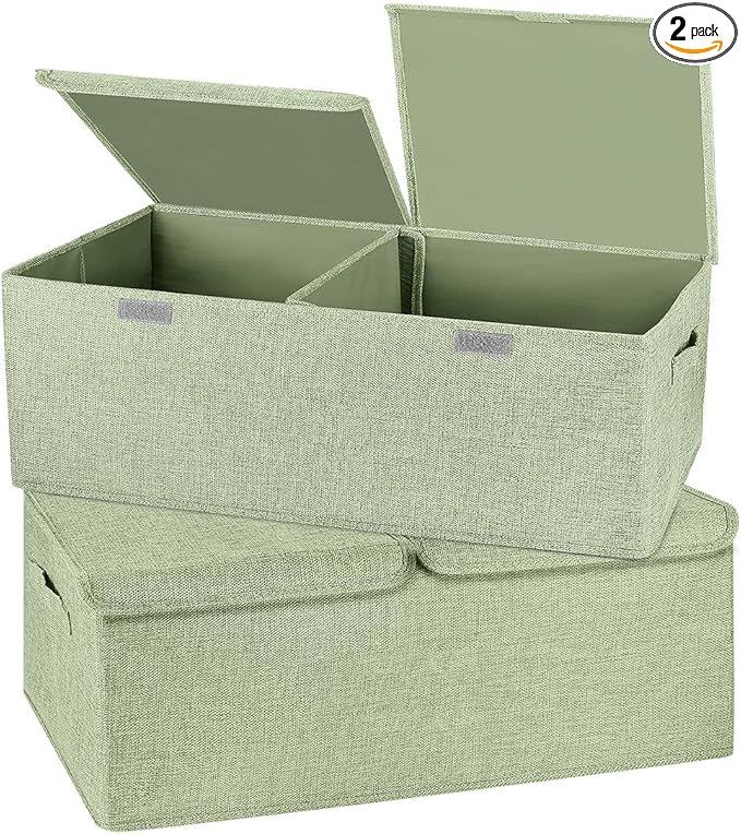 2 Pack Storage Boxes with Lids and Handles, Collapsible Linen Storage Bins Organizer Containers Baskets Cube with Removable Divider for Home Bedroom Closet Office (Green, Small)-NeatNest