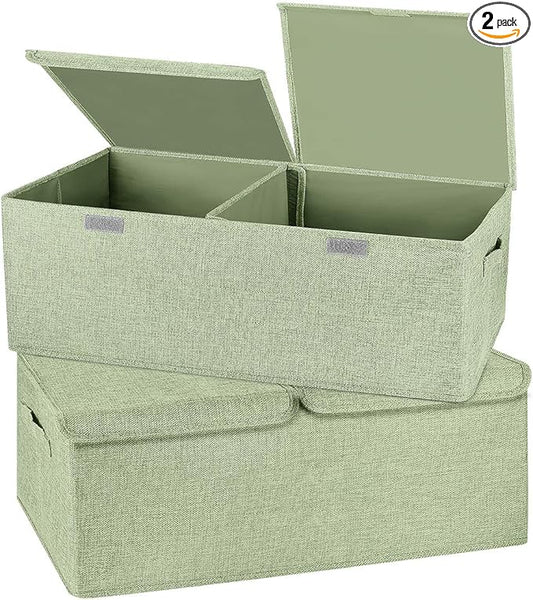2 Pack Storage Boxes with Lids and Handles, Collapsible Linen Storage Bins Organizer Containers Baskets Cube with Removable Divider for Home Bedroom Closet Office (Green, Small)-NeatNest