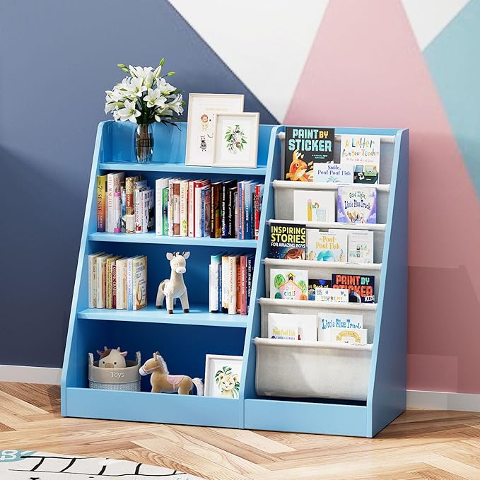 Blue 4 Tier Kids Wooden Bookshelf,Five Layer Sling Bookcase,Baby Storage Book Rack,Child Book and Toy Organizer Cabinet Chest,Toddler Book Display Playroom Kids Room Bedroom Classroom Nursery Library-NeatNest