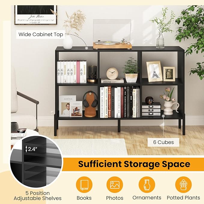 6 Cube Bookcase, Wood Storage Organizer with 5 Metal Legs, Bookshelf with Storage, Cubical Storage Shelf, Wooden Book Shelf, Display Shelves for Bedroom, Living Room, Entryway (Black)