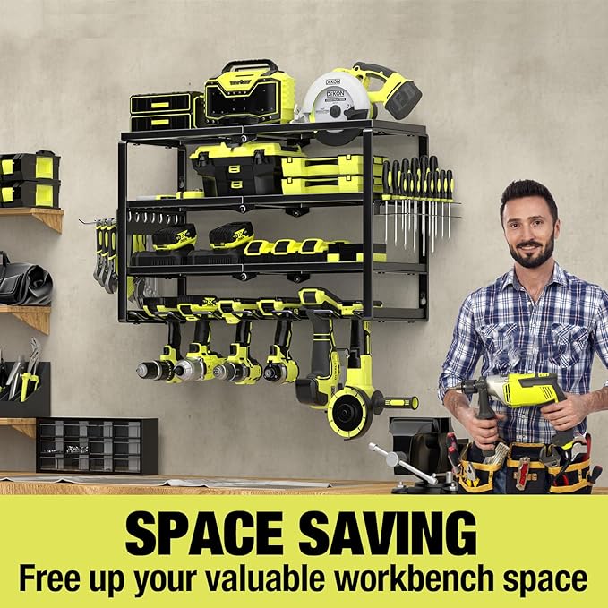 4 Layer Power Tool Organizer Wall Mount, Battery Tools Holder with Charging Station Shelf, Cordless Drill Hanger Storage Rack for Garage Organization, Workshop, Pegboard - 24 Inch 6 Slots