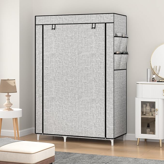 Calmootey Portable Closet Organizers, Clothing Storage, Wardrobe with 6 Shelves and Hanging Rod, Non-Woven Fabric Cover with 4 Side Pockets, Ash Grey-NeatNest