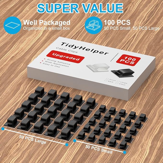 100 PCS Adhesive Cable Clips Black (Small & Large), Upgraded Wire Holder for Wall Cord Organizer Cable Management Under Desk, Outdoor Light Clips Hooks for LED, Car Dash Cam, HDMI, Extension Cord-NeatNest