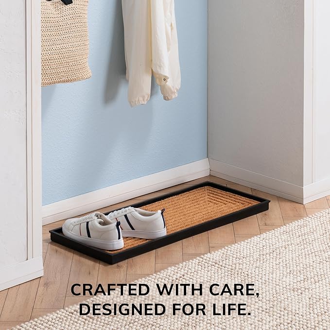 Anji Mountain Heavy Duty Waterproof Rubber Shoe Storage Mat Organizer/Boot Storage Tray Multi Use for Entryway with Coir, Tan Insert, Fits 3 Pair (34.5" Wide)